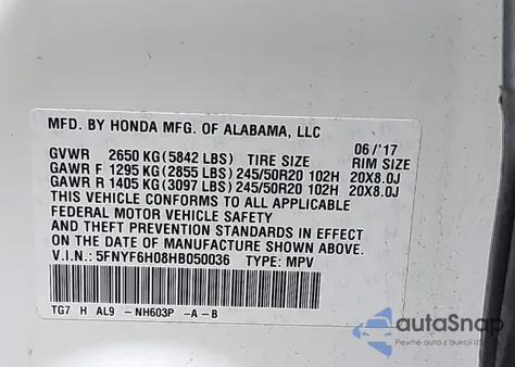 2017 Honda Pilot Elite из США, поврежденный, VIN 5FNYF6H08HB050036